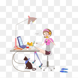 卡通插画少女打电话