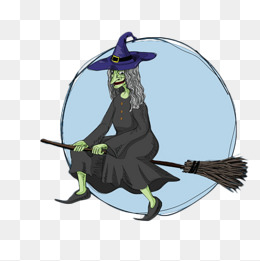 手绘骑着魔法扫帚的老女巫