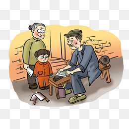 漫画插画奶奶带着孩子磨刀