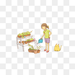 卡通浇花的小女孩