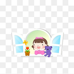 卡通双手托腮看着窗外惊呼的女孩素材