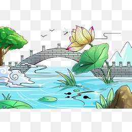 手绘装饰夏季荷花池塘插画
