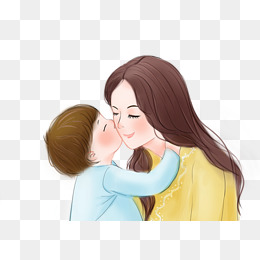 手绘水彩清新插画母亲节亲吻妈妈的小男孩