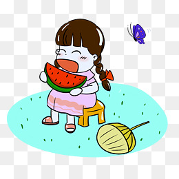 手绘创意夏季吃西瓜的女孩
