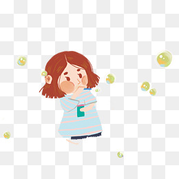 卡通手绘吹泡泡的女孩