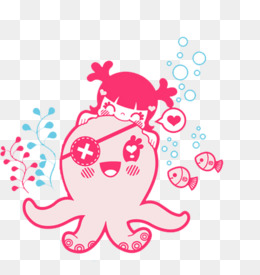 卡通手绘章鱼与女孩
