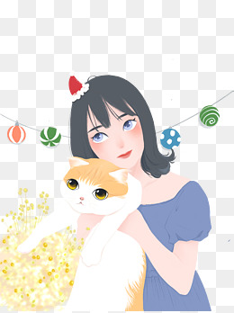 免抠卡通手绘抱着猫咪的女孩