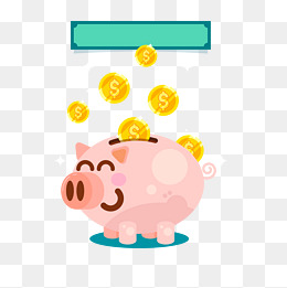 卡通微笑猪储蓄罐和金币矢量图