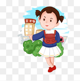 开学主题手绘卡通小女孩背书包上学