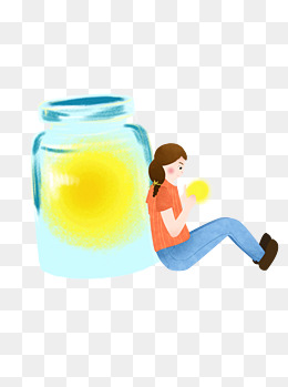 靠着许愿瓶的小女孩治愈系插画设计可商用元素