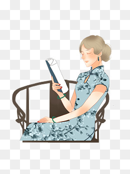 坐在木椅上穿蓝色旗袍看书的女人卡通元素