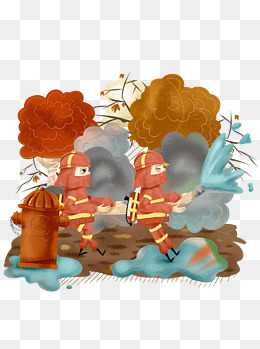 商用手绘消防员救火大型场景人物喷水元素