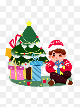 圣诞场景圣诞树小男孩拆礼物室内温馨