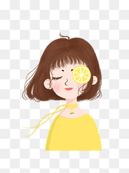 手绘卡通用柠檬片敷眼睛的可爱短发美女