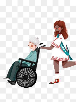 关爱老人帮老人推轮椅的志愿者女孩可商用元素