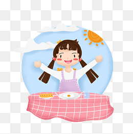 手绘可爱的早晨卡通女孩吃早餐场景素材