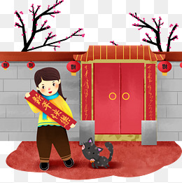 新年贴对联的小女孩