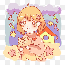 可爱抱着猫咪的少女png
