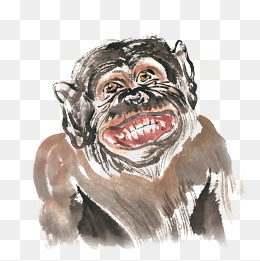 咧嘴笑的猴子水墨画png免抠素材