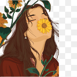 嘴里叼着菊花的女孩免抠图