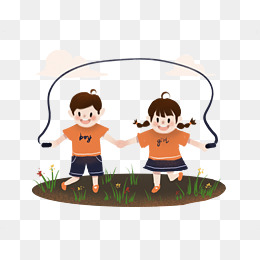 卡通手绘可爱男女童快乐手拉手草地跳绳场景
