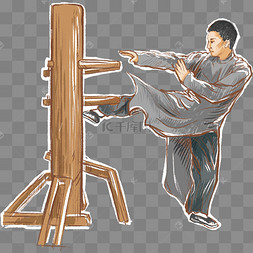 手绘功夫插画叶问打木人桩