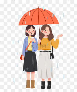 雨天好闺蜜一起打伞逛街插画