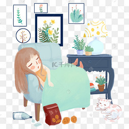 手绘卡通冬天宅家里