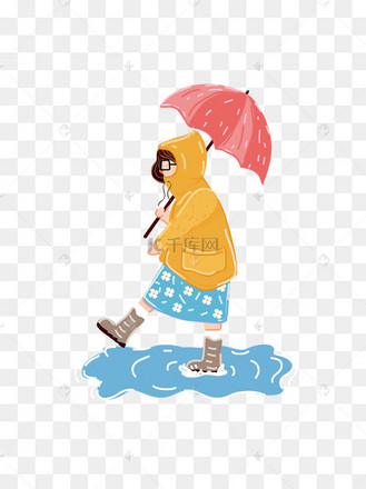 彩绘下雨撑伞穿雨衣的小女孩ai素材