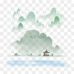 中国风青山云烟小亭江水古风风景