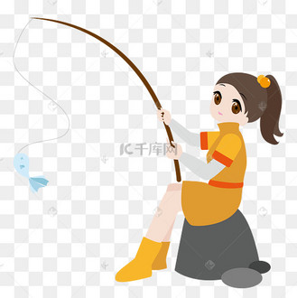 可爱单马尾少女独自钓鱼元素素材矢量图