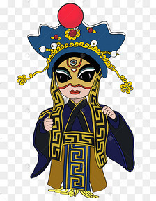 文化节蓝灰色系手绘插画风二郎神京剧脸谱png免抠图