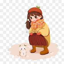 冬季穿搭蹲着堆雪人的小女孩pn