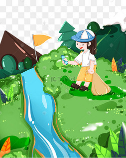 捡垃圾的小女孩趴在铃兰花上的精灵夏天吃西瓜的小女孩卡通插画png