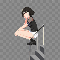 蹲在楼梯边的女孩