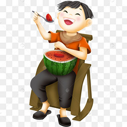 坐在摇摇椅上吃西瓜的小男孩