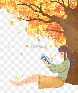 秋季树叶枫树女孩树下读书