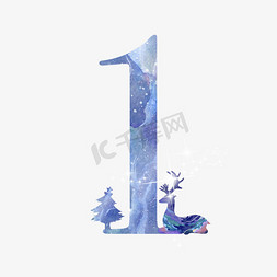 圣诞节蓝色免抠艺术字图片_梦幻蓝色麋鹿圣诞节数字1