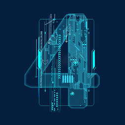 科技线条免抠艺术字图片_蓝色科技线条PSD数字4