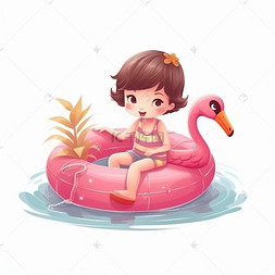 海边游泳图片_夏日卡通坐在游泳圈的小女生
