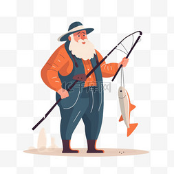 扁平人物人形象男人钓鱼老人