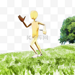 温馨童趣手绘图片_手绘草地上跑步的木偶