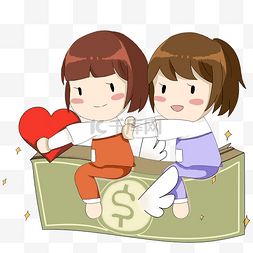坐在钱上飞的两个小美女卡通手绘