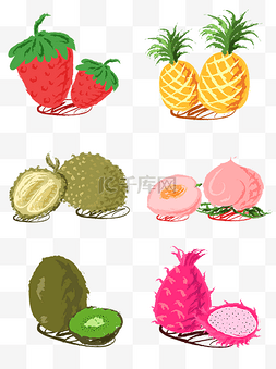 榴莲手绘图片_商用手绘矢量扁平化热带水果草莓