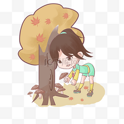 黄色树叶子图片_秋季女孩摘蘑菇插画