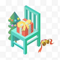 绿色手绘圣诞树图片_2.5D放在椅子上的礼物