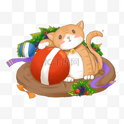 红色坐垫图片_圣诞节橘猫玩彩带圣诞球免抠元素