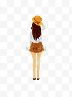 psd分层素材图片_手绘带着帽子的女孩人物背影设计