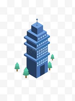 2.5D蓝色办公楼建筑树木可商用元