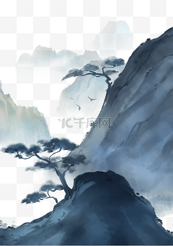 中国水墨风插画图片_中国风水墨山水意境山峰